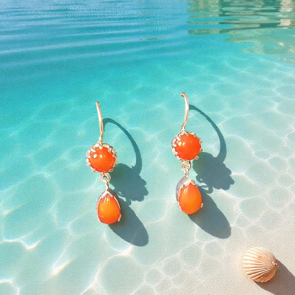 Sterling Silver Coral Dangle Earrings Teardrop & Round Cabochon Orange Gemstones